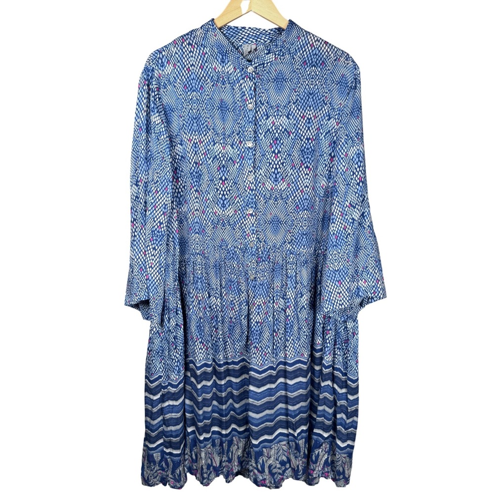 BLANK LONDON Womens 1X Dress Blue White Pink Diamond Chevron Feather Tiered Boho